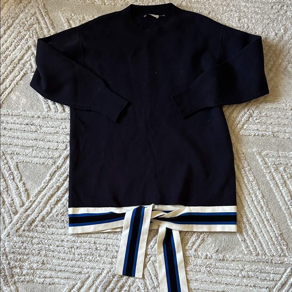 Sandro Pampa Navy Crewneck Sweater with Striped Tie Hem